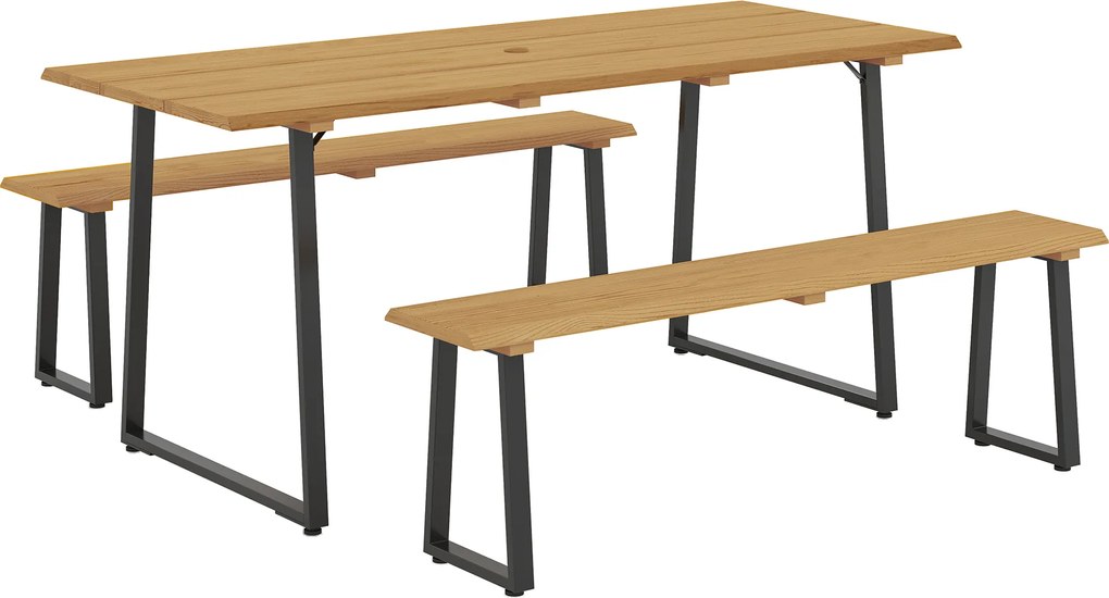 Outsunny Zestaw mebli ogrodowych 3-częściowy, Stół z ławkami dla 6 osób, z otworem na parasol, 178 x 76 x 77 cm, Naturalny