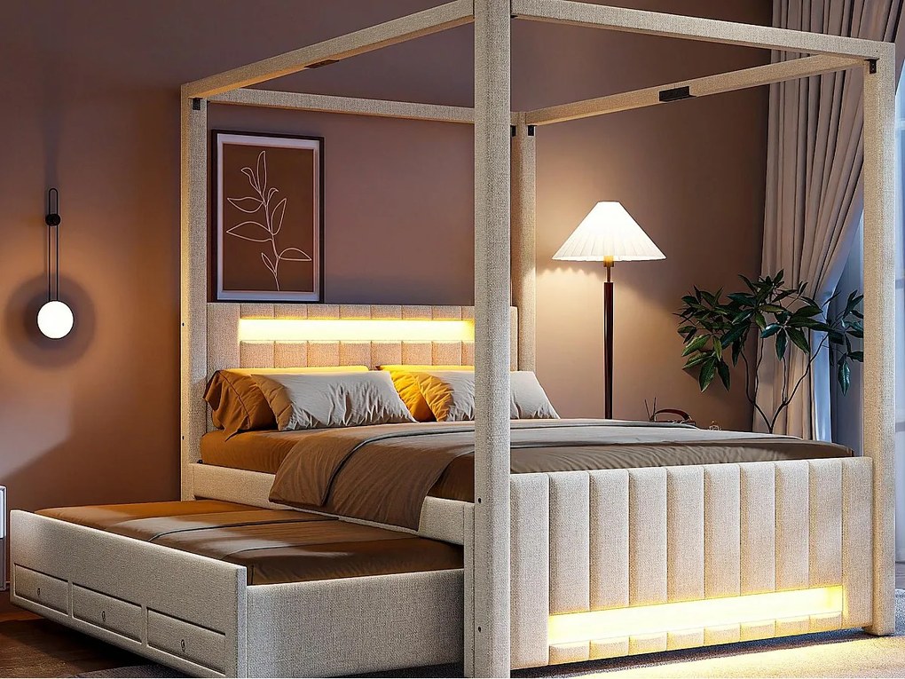 Pikowane łóżko podwójne 140x200cm - z baldachimem - Z opuszczaną ramą łóżka i 3 szufladami - Oświetlenie LED - Beżowy​ (materac nie jest wliczony w cenę)