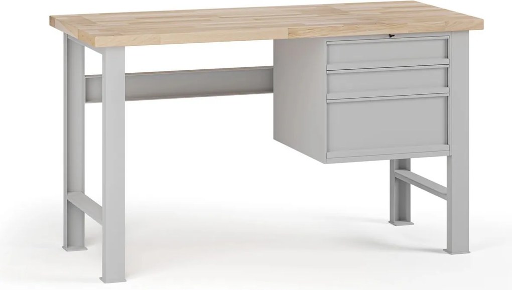 Stół warsztatowy G7, blat bukowy, 1500 x 800 x 840 mm, 1x kontener, 3x szuflada, szary