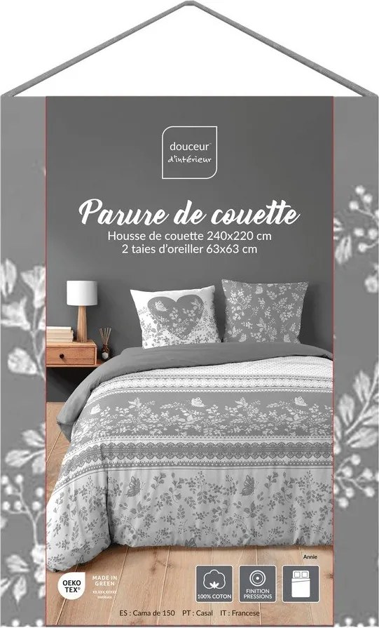 Biała/szara bawełniana pościel dwuosobowa 3-częściowa 240x220 cm Annie – douceur d'intérieur