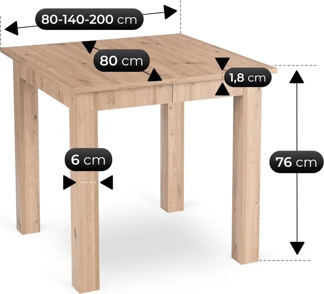 Stół Kwadratowy Rozkładany BEN 80-200 cm Dąb Artisan Skandynawski