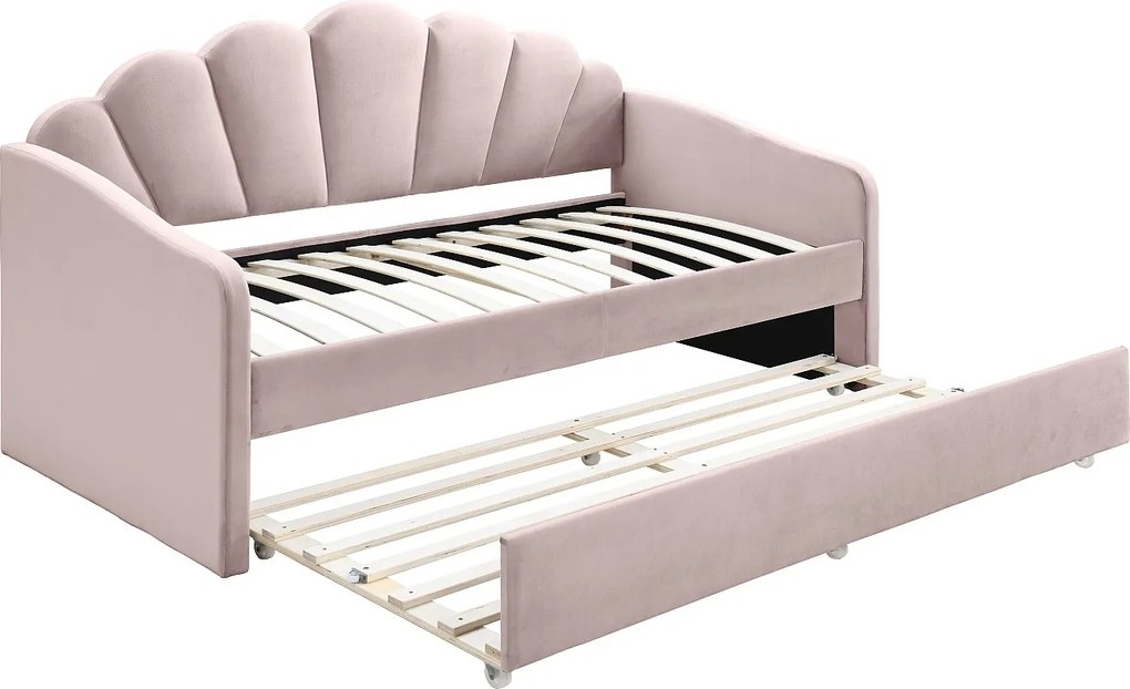 Łóżko wysuwane muszla 2 x 90 x 190 cm - Welur - Różowy + Materac - ELUSIA