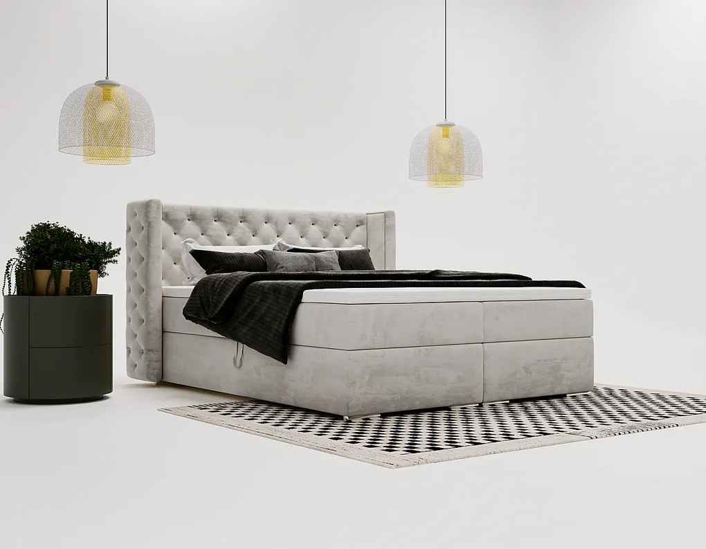 Emporius Valencia Box łóżko kontynentalne 160x200 - topper, materac H3, pojemnik - łóżko małżeńskie, tkanina aksamitna, jasny szary (Magic Velvet 2218)