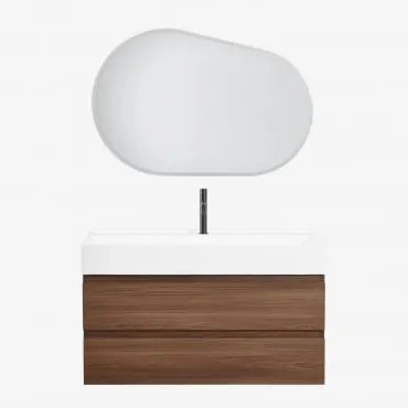 Zestaw Wiszących Mebli Łazienkowych Z Drewna I Forniru Jesionowego Zintegrowany Z Umywalką Ona Owalna Lampa Led I Przeciwmgielna 100x80 Cm Riben & Cza