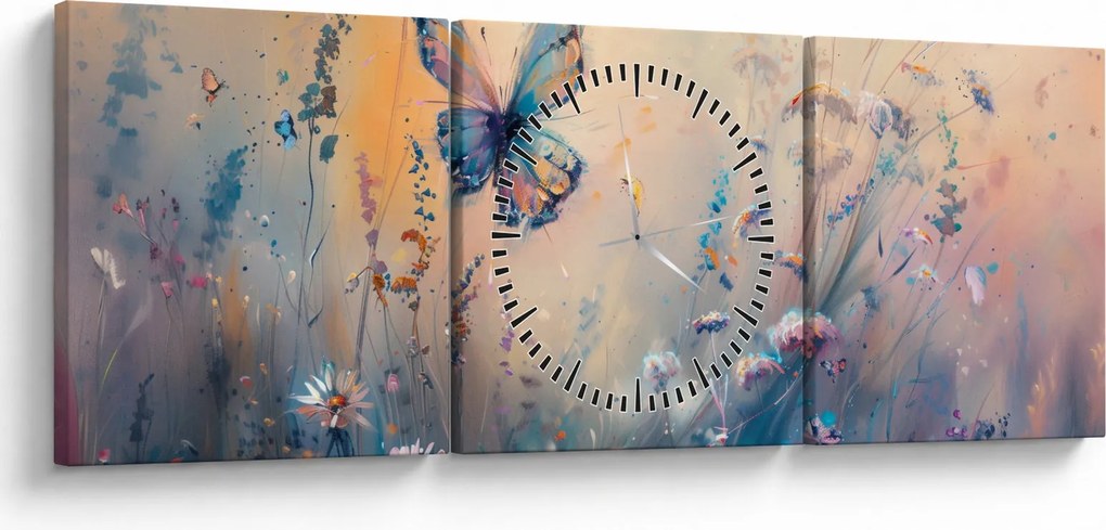 Obraz - Łąka z motylem II (z zegarem) (90x30 cm)