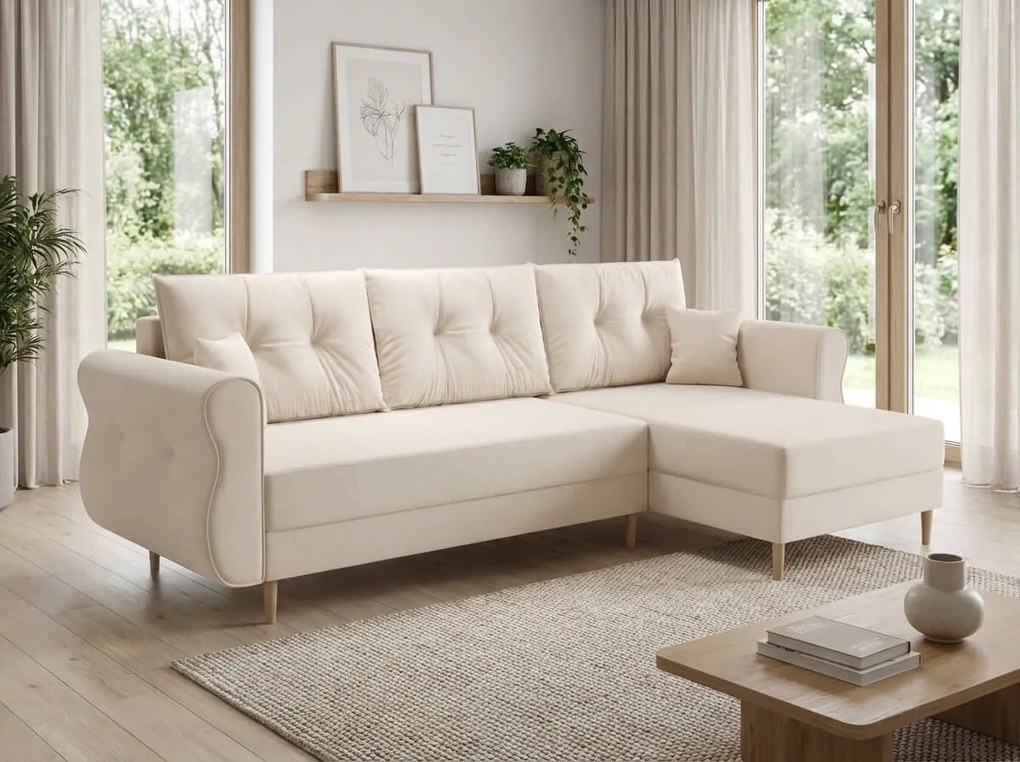 Rozkładana narożna sofa SILVIANO 230x140 cm, kremowa, uniwersalna