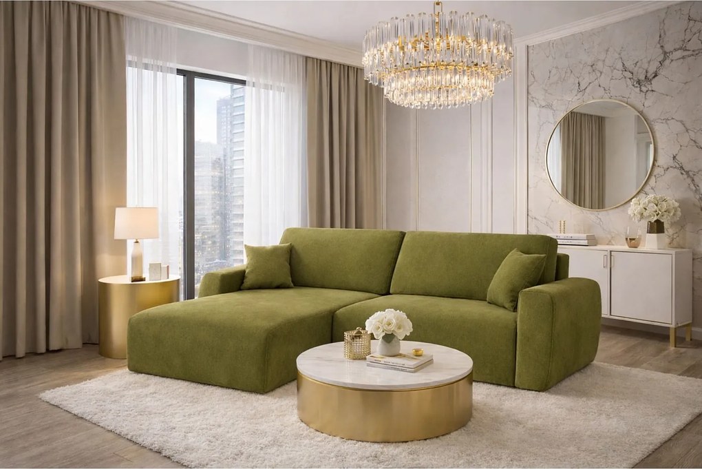 Narożnik z funkcją spania i pojemnikiem Ariel XL, tkanina welurowa Salvador, Oliwkowy, Lewy