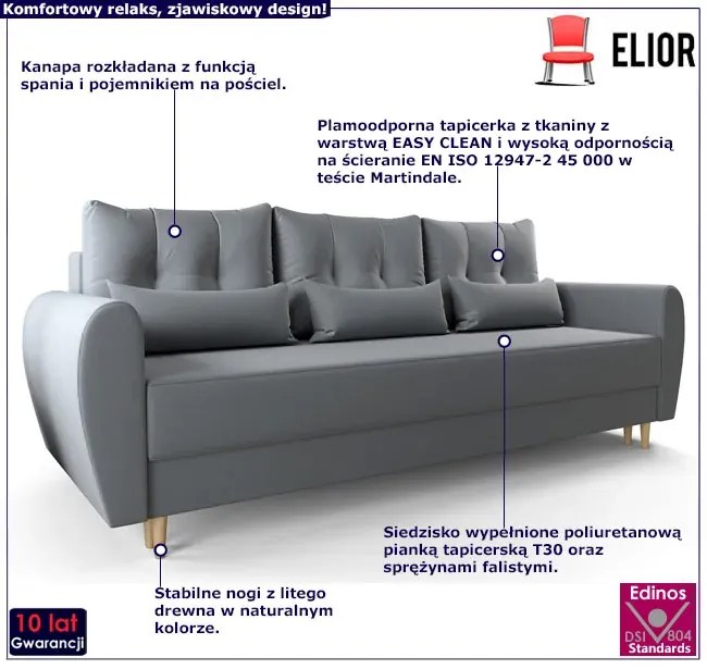 Popielata sofa rozkładana - Castello 3X