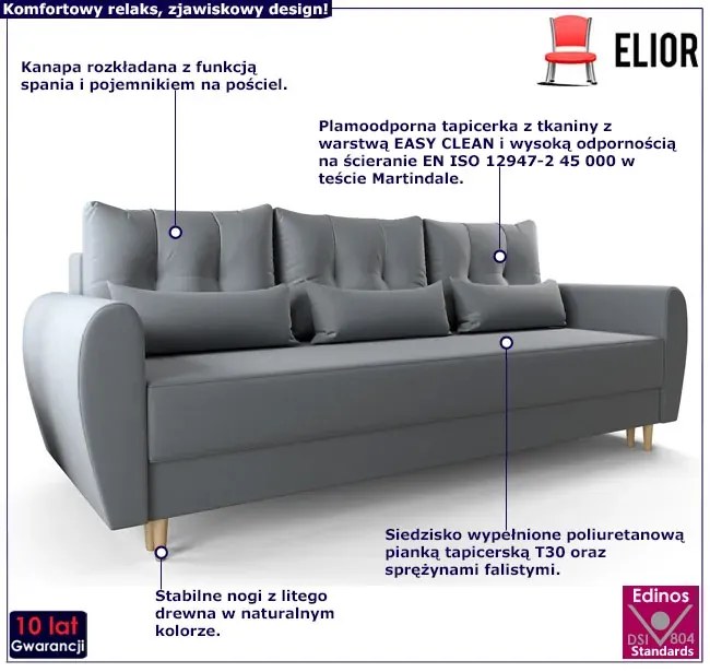 Popielata sofa rozkładana - Sinsiew 3X