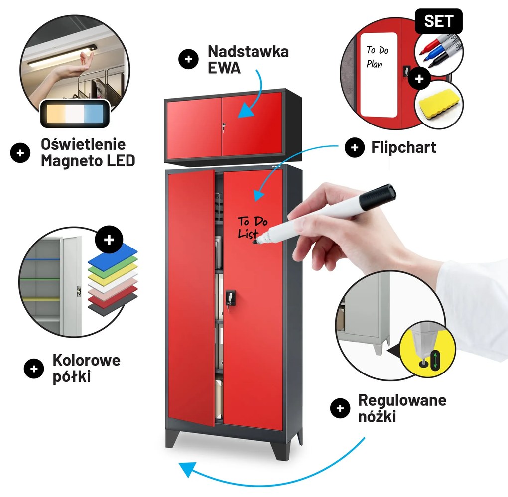 Szafa na dokumenty biurowa metalowa antracytowo-czerwona: JAN H, 900 x 1950 x 400 mm