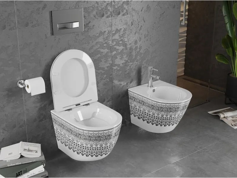Mexen Lena miska wc Rimless z deską wolnoopadającą slim, duroplast, biała/czarna wzór - 30224095
