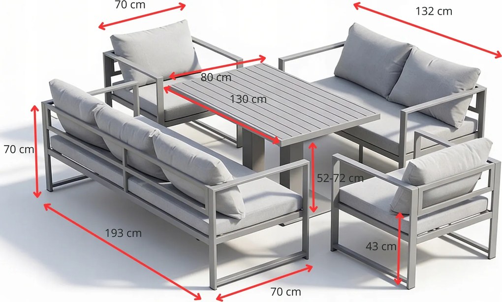Zestaw mebli ogrodowych Bellagio 006 z sofami, fotelami i ławostołem, szary, poduszki szare
