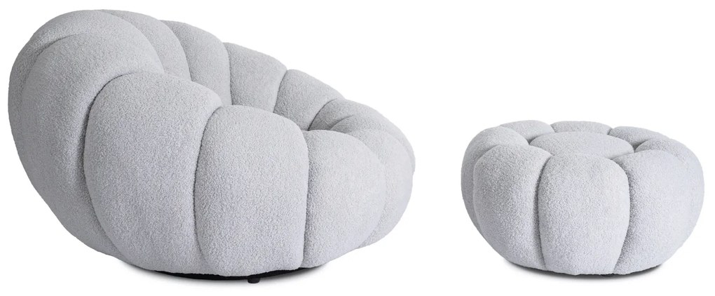 Fotel Wypoczynkowy Obrotowy PETTIT Szary z Pufą w Tkaninie Teddy Boucle