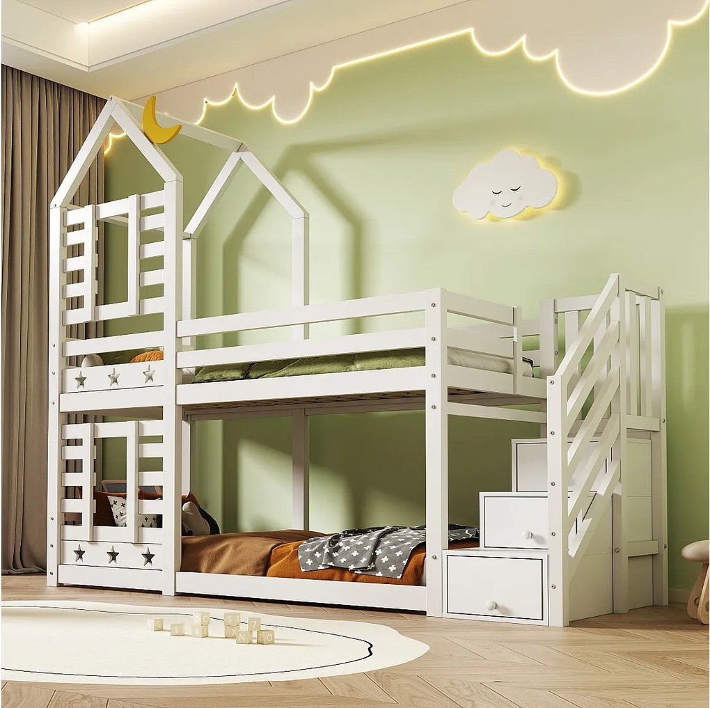 Łóżko piętrowe 2 x 90 x 200 cm z 3 szufladami i schodkami - lite drewno i płyta MDF - 2 x stelaż - białe