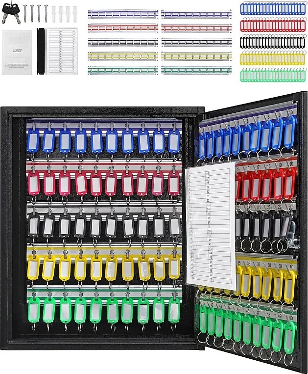 Szafka na Klucze SucceBuy na 100 Kluczy, Skrzynka na Klucze z Regulowanymi Uchwytami i Kolorowymi Breloczkami do Bezpiecznego Przechowywania
