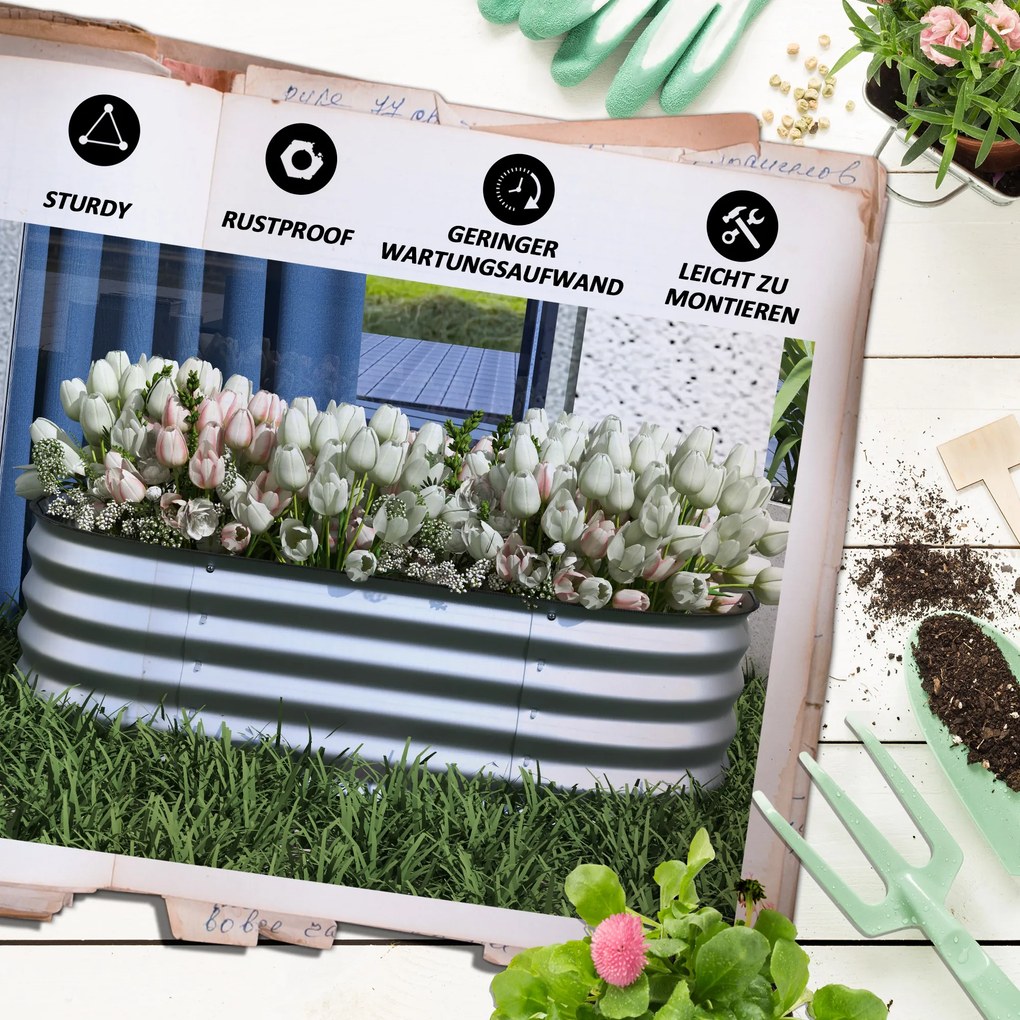 Outsunny Hochbeet Donica Warzywna, modularne łóżko wysokie, zabezpieczone krawędzie, design bez dna, 105 x 62 x 30 cm, Srebrny