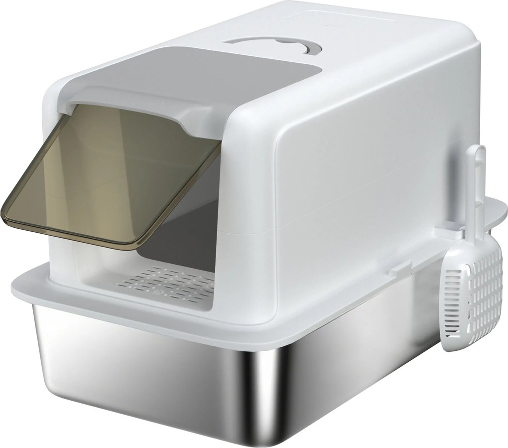 PawHut Kuweta dla kota ze stali nierdzewnej, z filtrem i łopatką, dla kotów do 6 kg, 40,5 x 60,5 x 41,5 cm, Biały/Srebrny