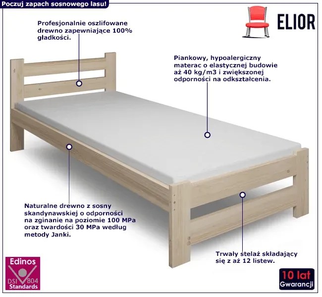 Drewniane łóżko jednoosobowe z materacem 90x200 - Zinos