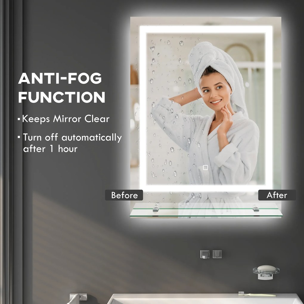 kleankin Lustro łazienkowe z oświetleniem LED, 3 kolory światła, funkcja anty-parowanie, zasilane kablem, 70 x 50 cm