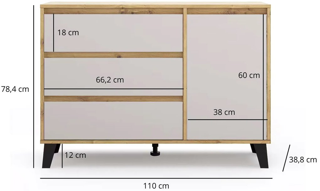 Duża komoda z szufladami i szafką dąb artisan + kaszmir T8-R85