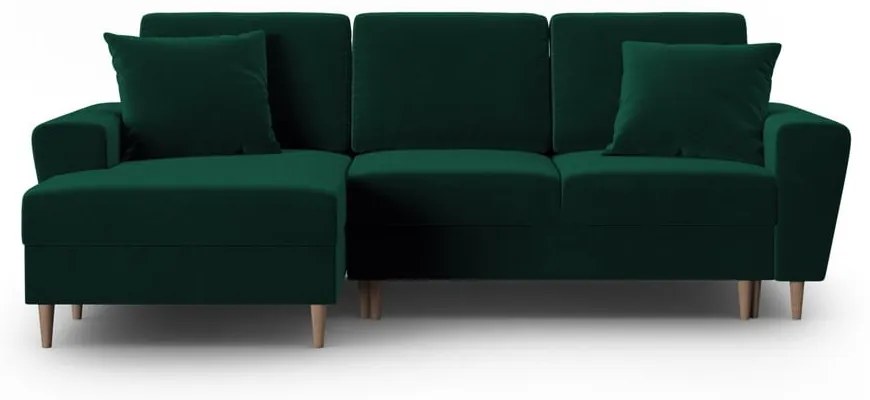 Zielony aksamitny rozkładany narożnik ze schowkiem (lewostronny/z szezlongiem) Kyoto – Cosmopolitan Design