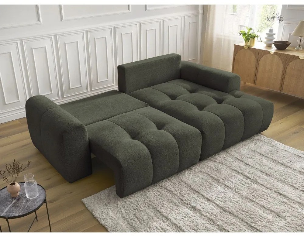 Rozkładany narożnik z tkaniny szenilowej ze schowkiem (prawostronny/z szezlongiem) w kolorze khaki Roxelane – Bobochic Paris