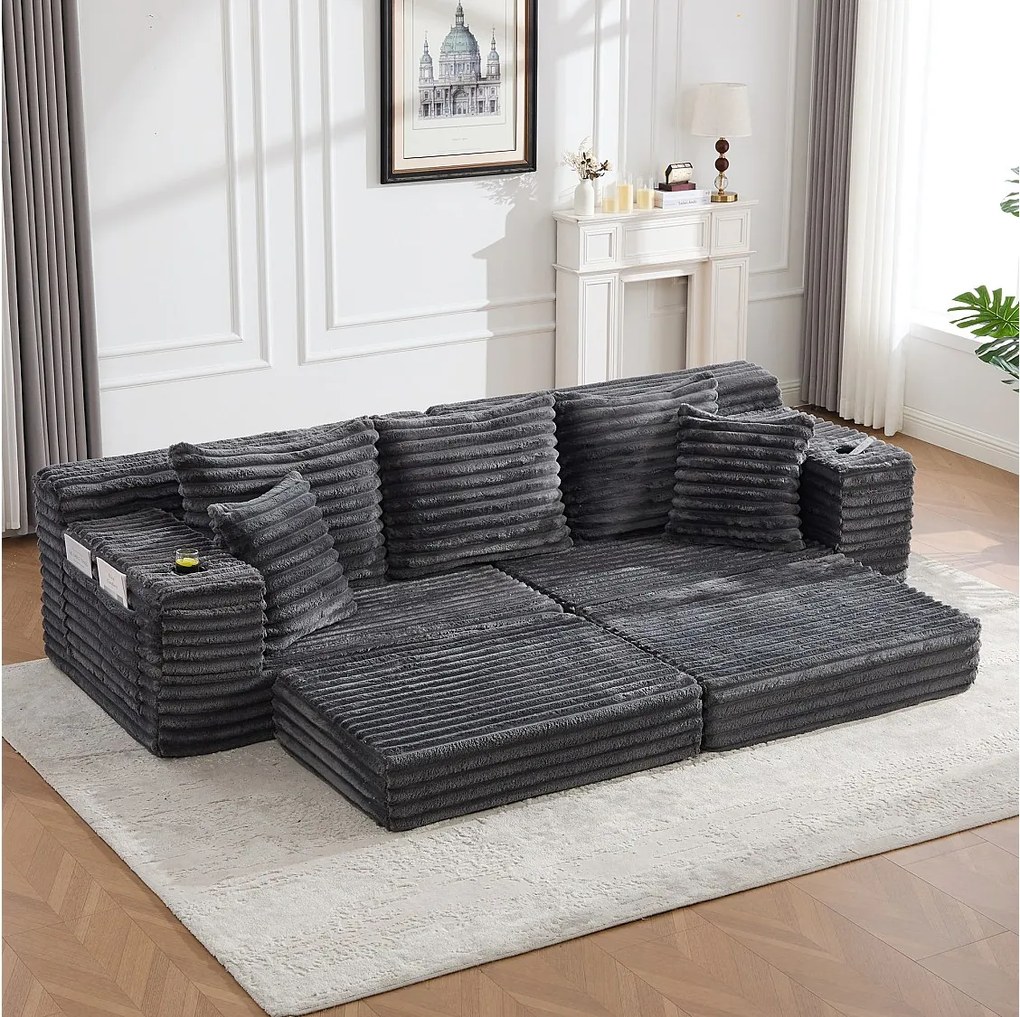 Modułowa sofa 2-osobowa w sztruksie - 107 x 38 x 34 cm - z poduszkami + kieszeniami + uchwytami na kubki - ciemnoszara