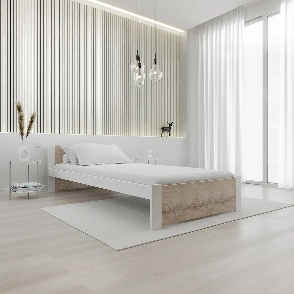 Łóżko IKAROS 90 x 200 cm, białe/dąb sonoma Stelaż: Ze stelażem listwowym rolowanym, Materac: Materac Somnia 18 cm