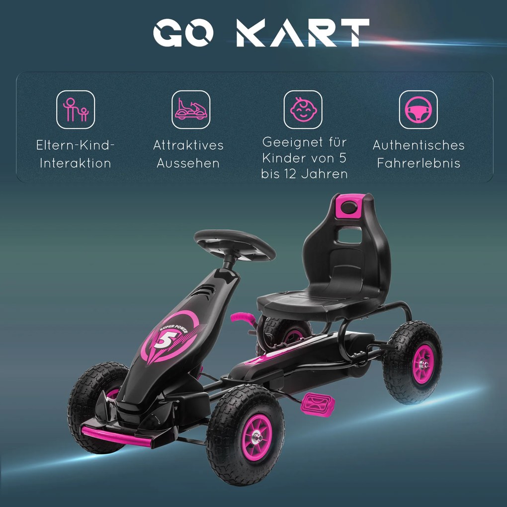 HOMCOM Gokart dla dzieci z pedałami, regulowanym siedzeniem, do użytku wewnątrz i na zewnątrz, od 5 lat, Czarny + Różowy, 121 x 58 x 61 cm