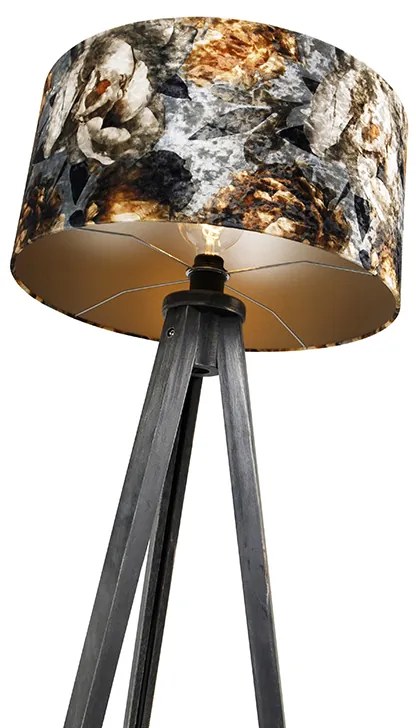 Lampa podłogowa trójnóg czarna z abażurem w kwiaty 50 cm - Tripod Classic klasyczny/Antyczny Oswietlenie wewnetrzne