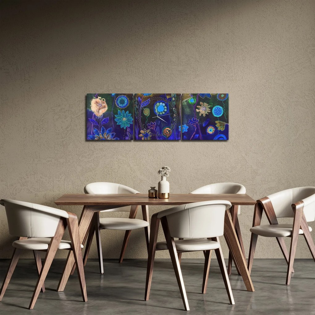 Obraz ciemnoniebieskich kwiatów (z zegarem) (90x30 cm)