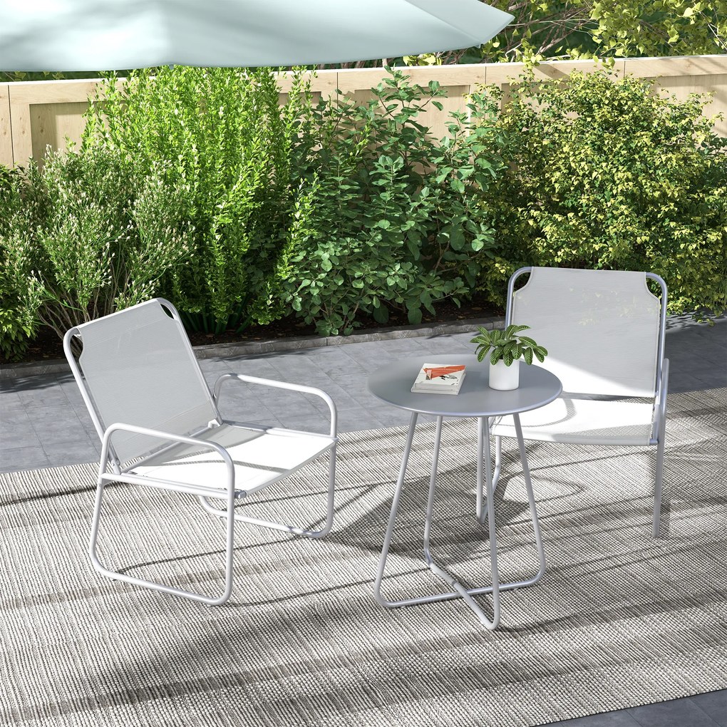 Outsunny Zestaw mebli ogrodowych 3-elementowy, 2 krzesła z oddychającą tkaniną, 1 okrągły stolik Ø60 cm, jasnoszary