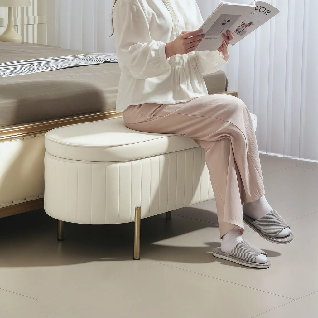 HOMCOM Ławka z klapą i schowkiem, materiał pokryty, metal, Kremowy + Złoty