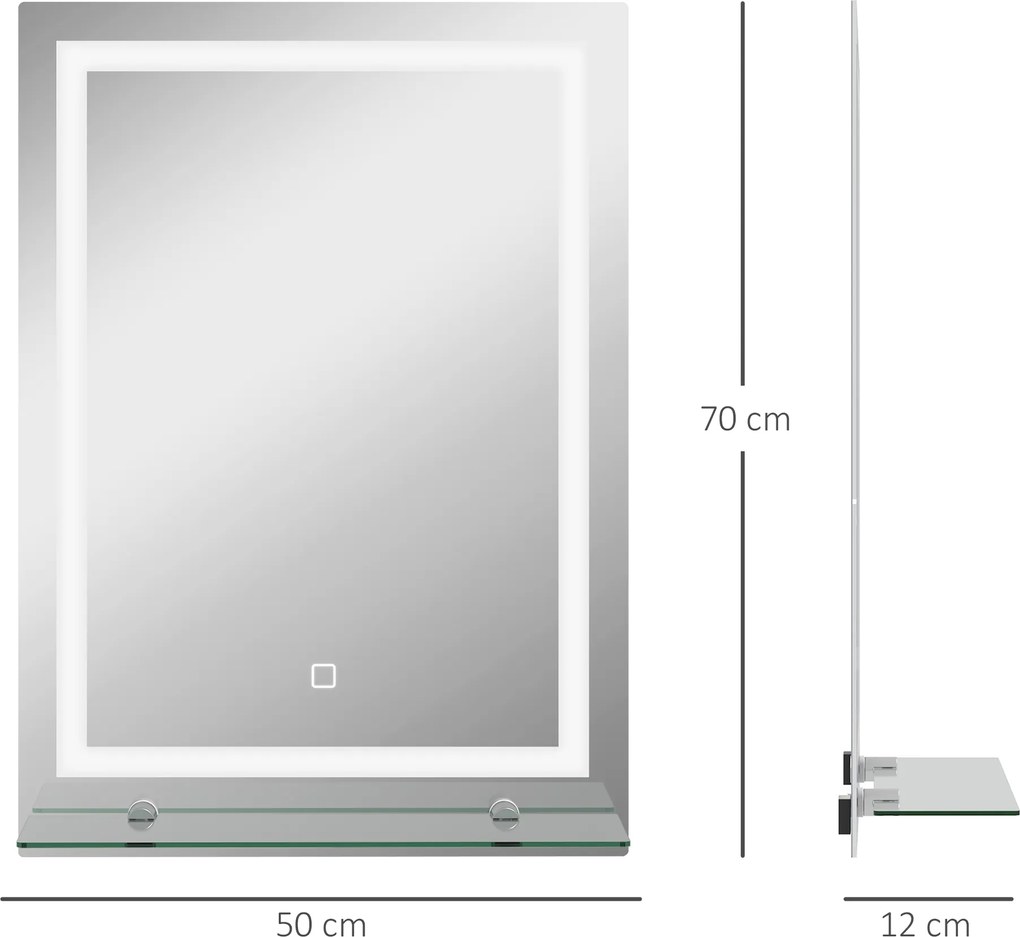 kleankin LED Lustro łazienkowe, ściemnialne, przeciwmgielne, z przełącznikiem dotykowym, półka, 50 x 70 cm, Srebrny