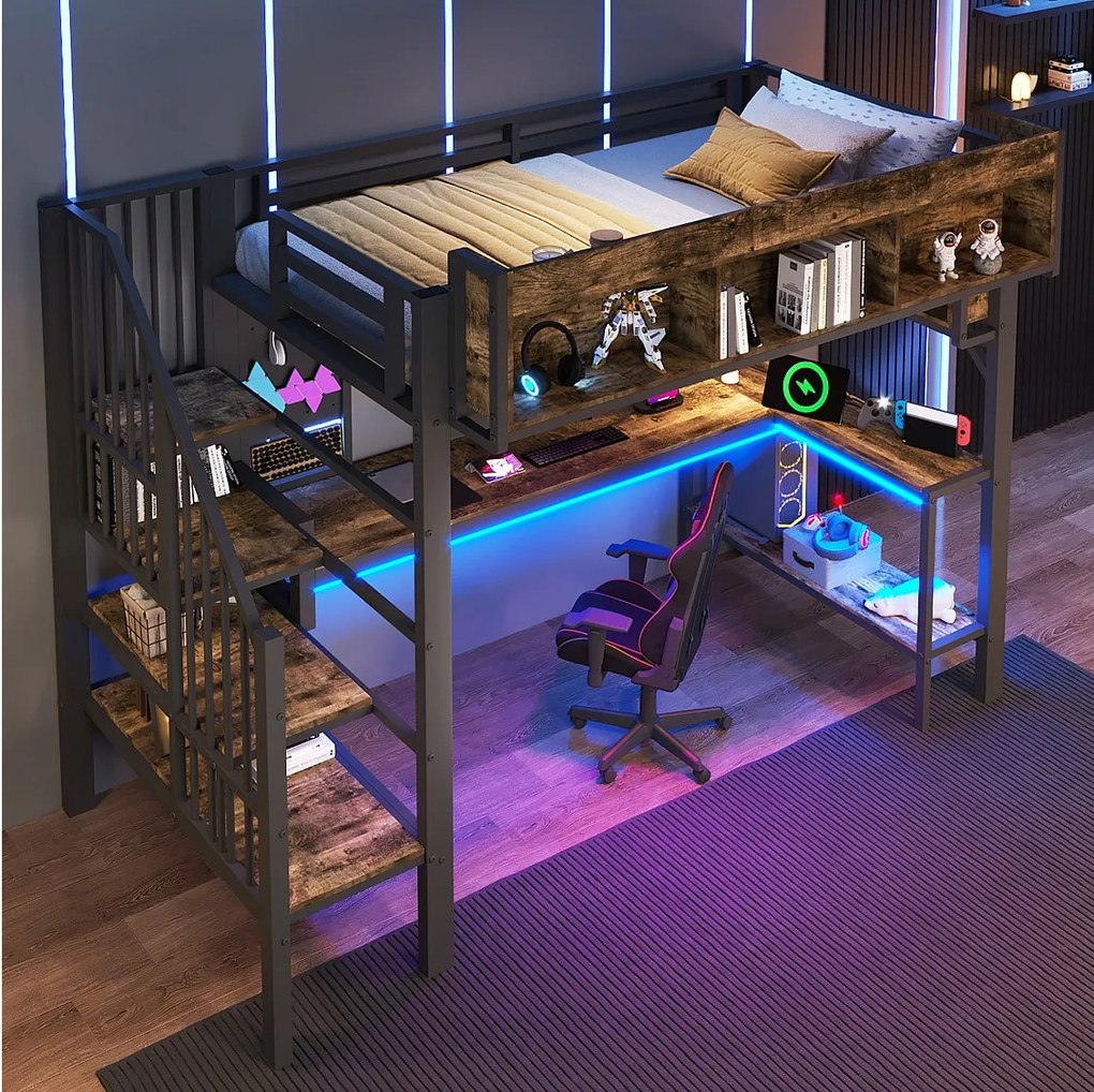 Łóżko piętrowe dla dzieci - 90 x 200 cm - z biurkiem + portem USB + oświetleniem LED + półkami + drabinką - drewno - czarne