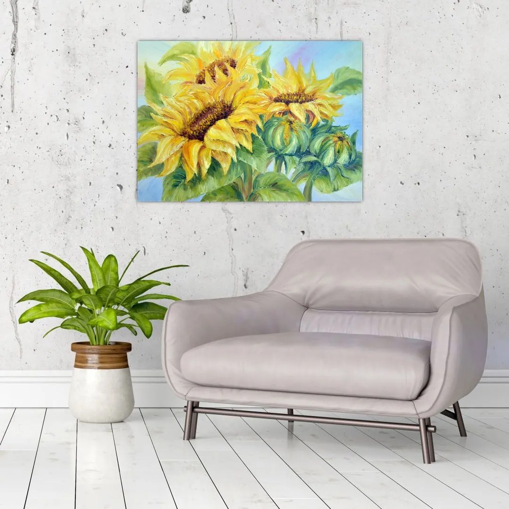 Obraz na szkle kwitnących słoneczników (70x50 cm)