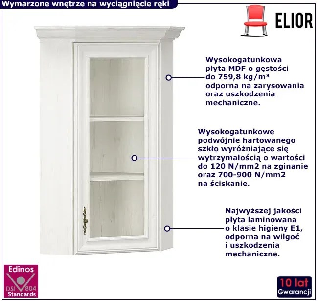 Biała górna narożna szafka z witryną  - Mefir 8X