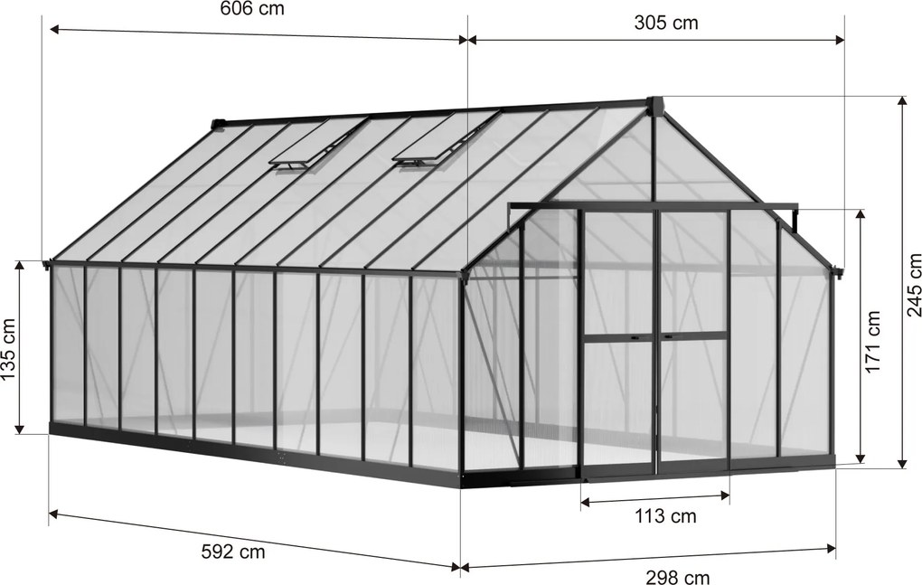 Szklarnia 245 x 305 x 606 cm, wzmocniona konstrukcja, poliwęglan 6 mm
