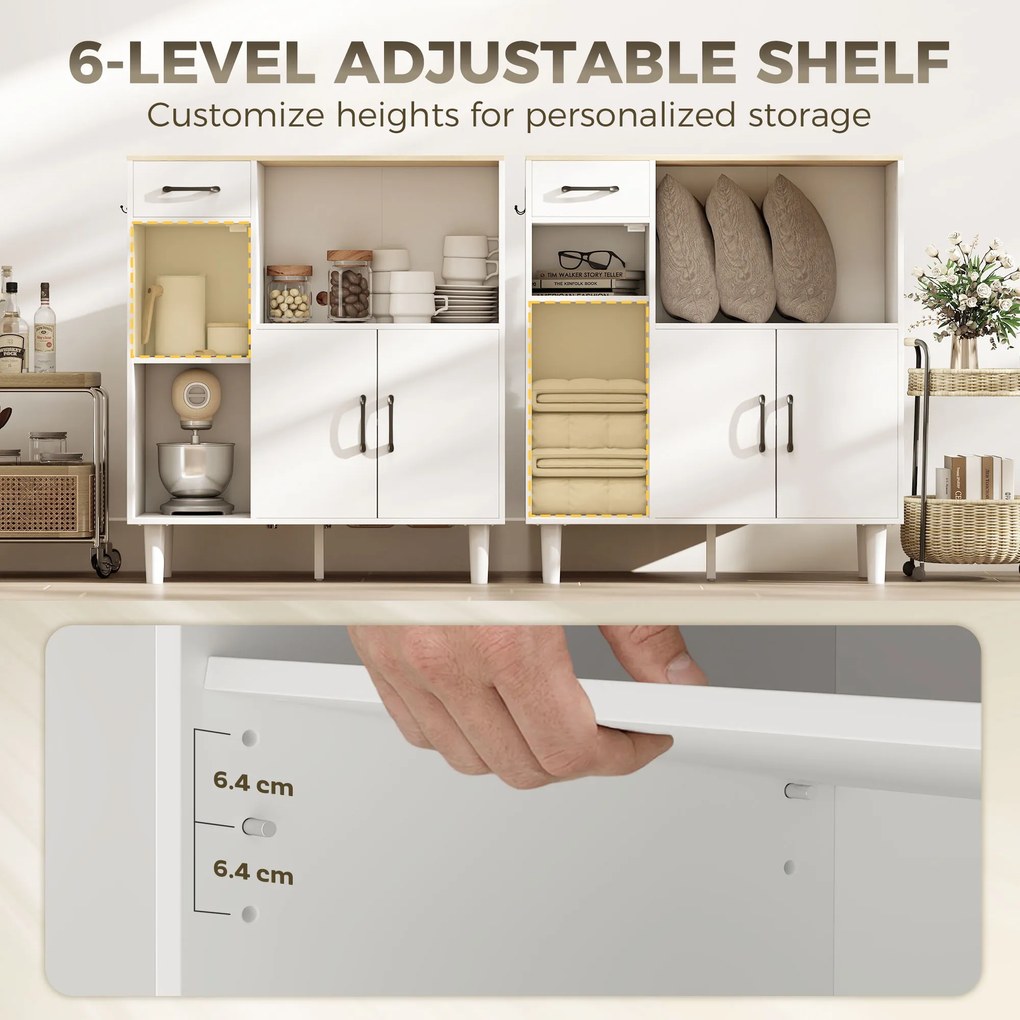 HOMCOM Kredens kuchenny z szufladą, 2 szafkami, otwartą półką, prążkowanymi drzwiami z akrylu 80 x 34 x 91 cm Biały + Dąb | Aosom PL