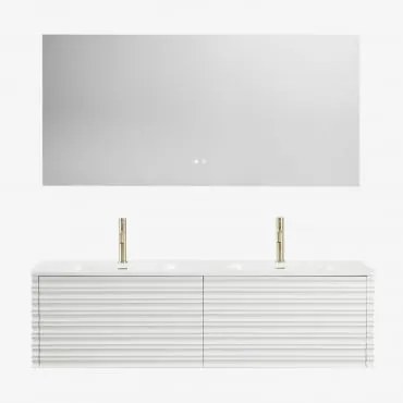 Zestaw Drewnianych Mebli Łazienkowych Noura Ze Zintegrowanymi Umywalkami Biała & Prostokątny Led I Przeciwmgielny 160x75 Cm Jorvi - Sklum