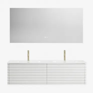 Zestaw Wiszących Mebli Łazienkowych 160x50 Cm Z Drewna Z Wbudowanymi Umywalkami Noura Biała & Prostokątny Led I Przeciwmgielny 160x75 Cm Riben & 2 X D