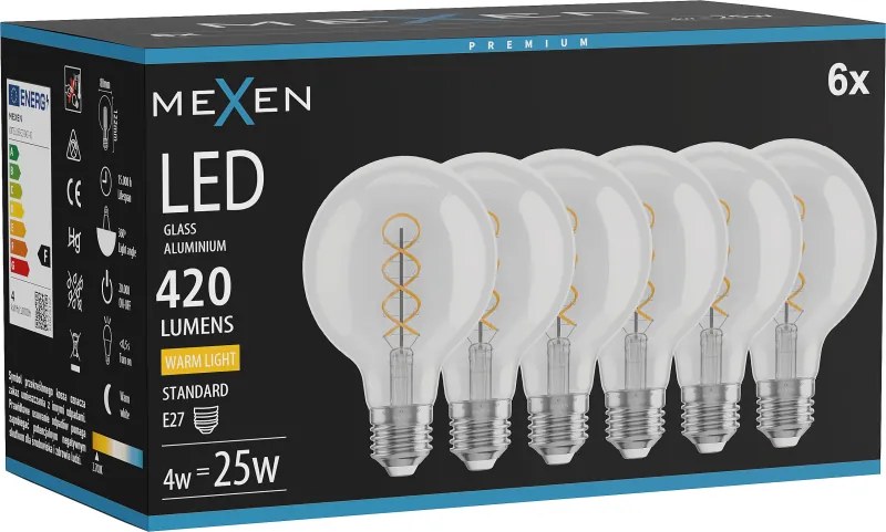 Mexen Vintis 6x żarówka filament spirala LED E27, G80, 4W, Ciepła - 2700K, 420 lm, clear - L165-E27-0427-00x06