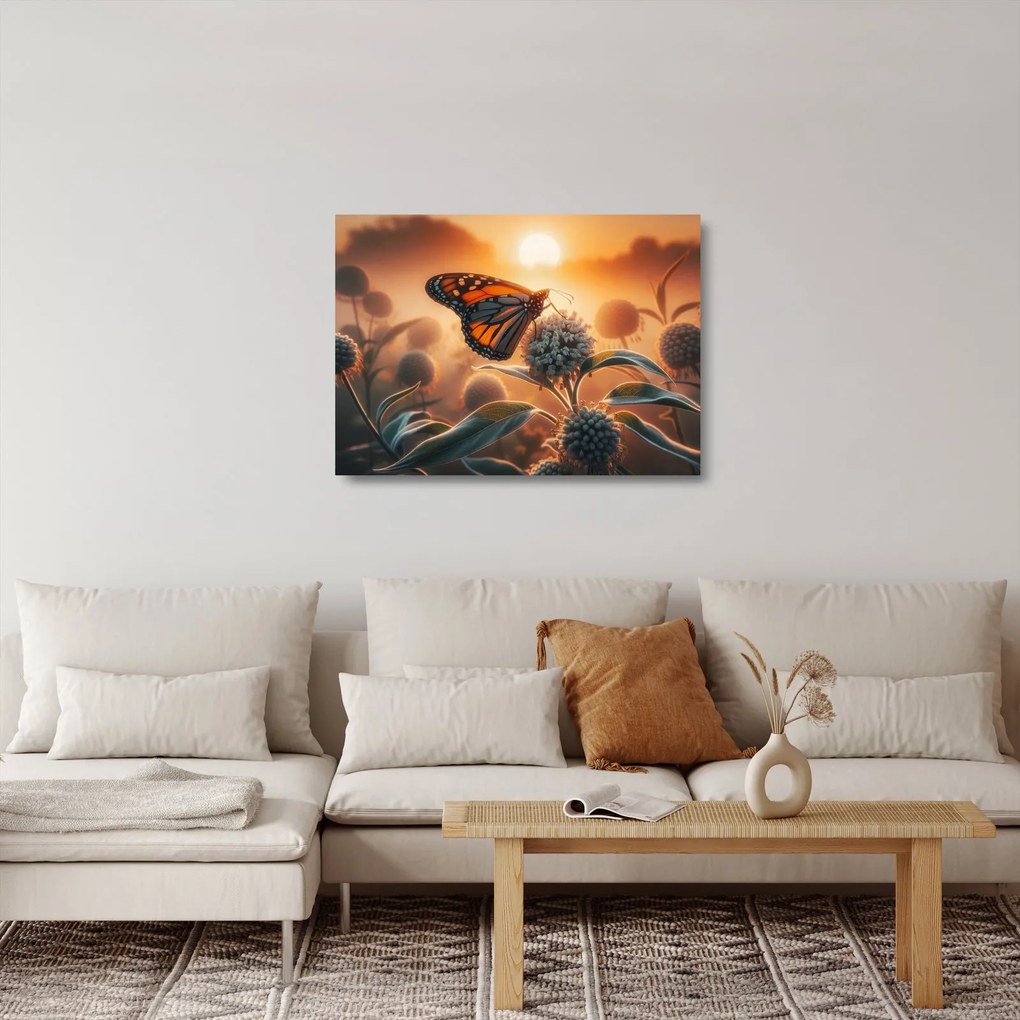 Obraz na szkle – Motyl w zachodzącym słońcu (70x50 cm)