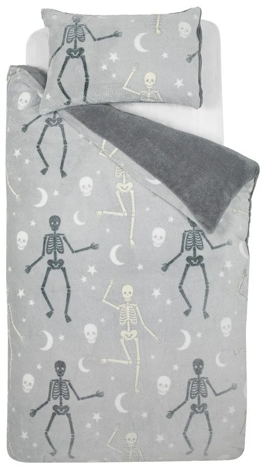 Szara fluorescencyjna pościel dziecięca dwuosobowa z mikropluszu 200x200 cm Halloween Skeleton – Catherine Lansfield