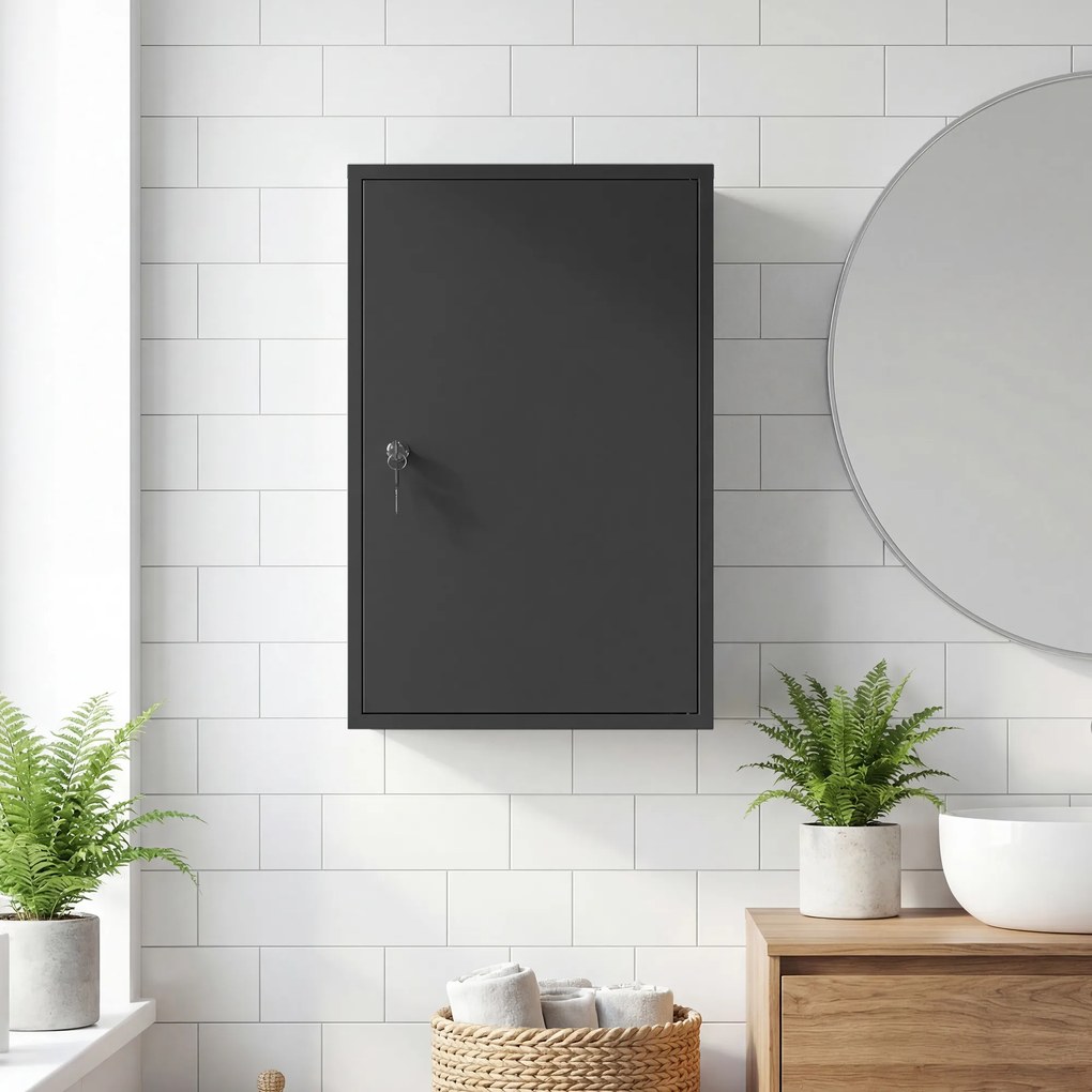 kleankin Wisząca szafka na leki, szafka łazienkowa z 3 półkami, 2 klucze, czarna, 40 x 18 x 60 cm | Aosom PL