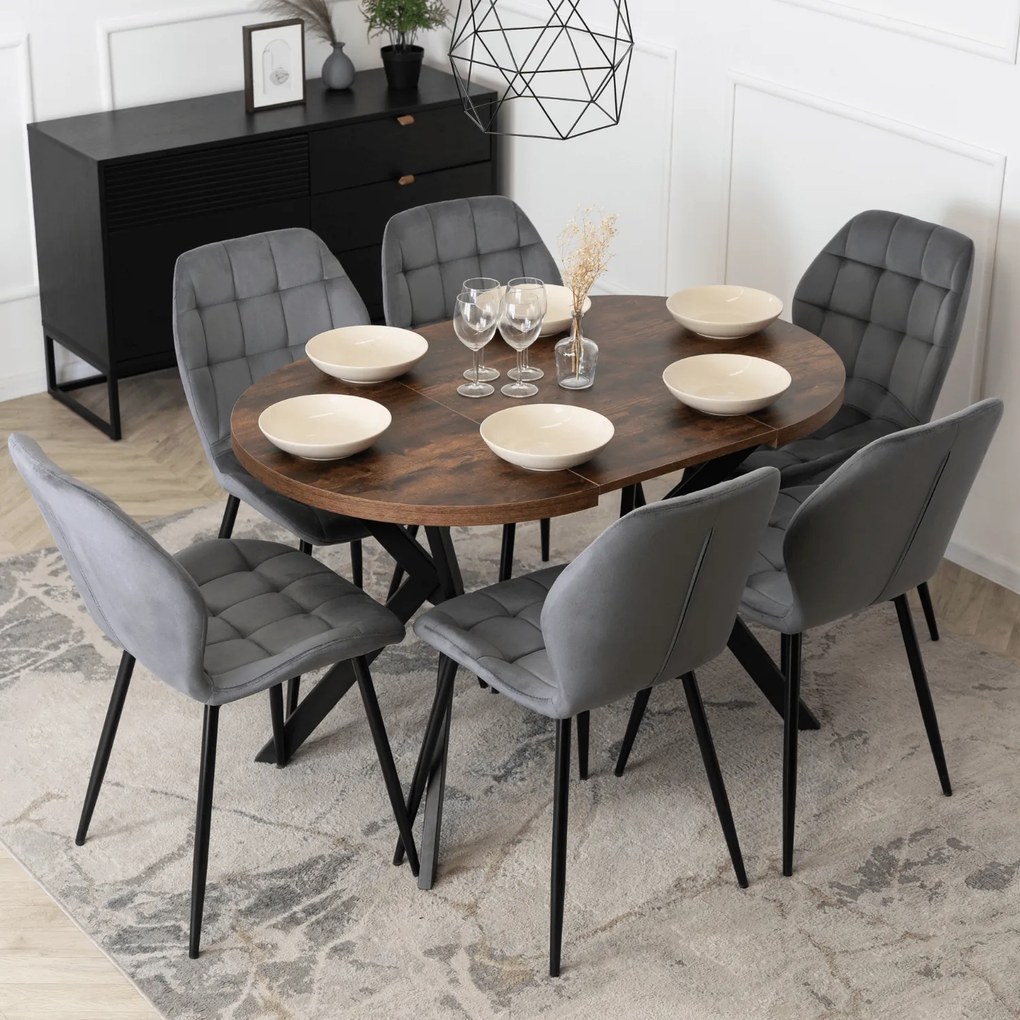 Zestaw Stół Okrągły Rozkładany DORIAN 80-160 cm Dąb Rustykalny/Czarny i 6 Krzeseł Tapicerowanych do Jadalni LUCKY Szare Welurowe