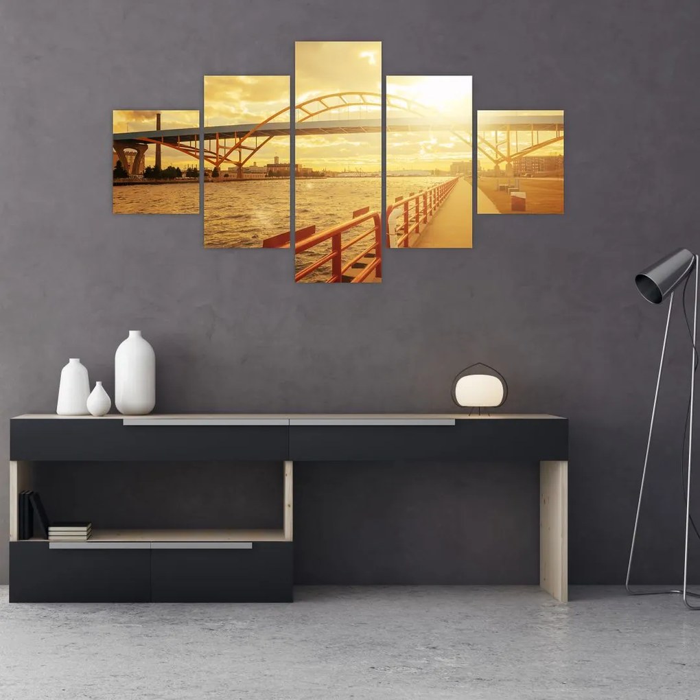 Obraz mostu z zachodem słońca (125x70 cm)