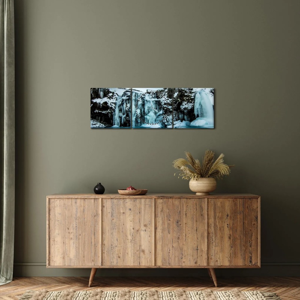Obraz zamarzniętych wodospadów (z zegarem) (90x30 cm)