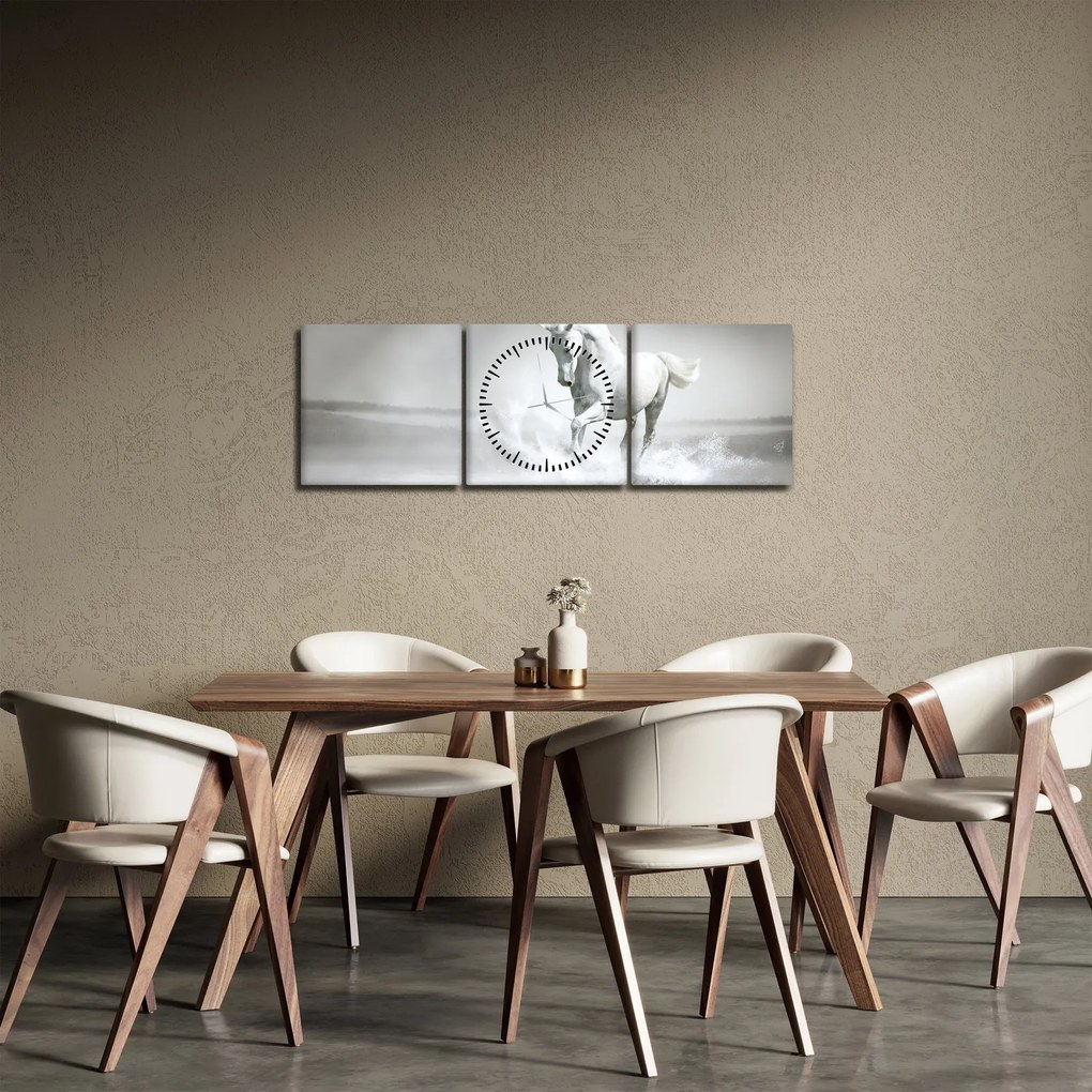 Obraz - Biały koń (z zegarem) (90x30 cm)