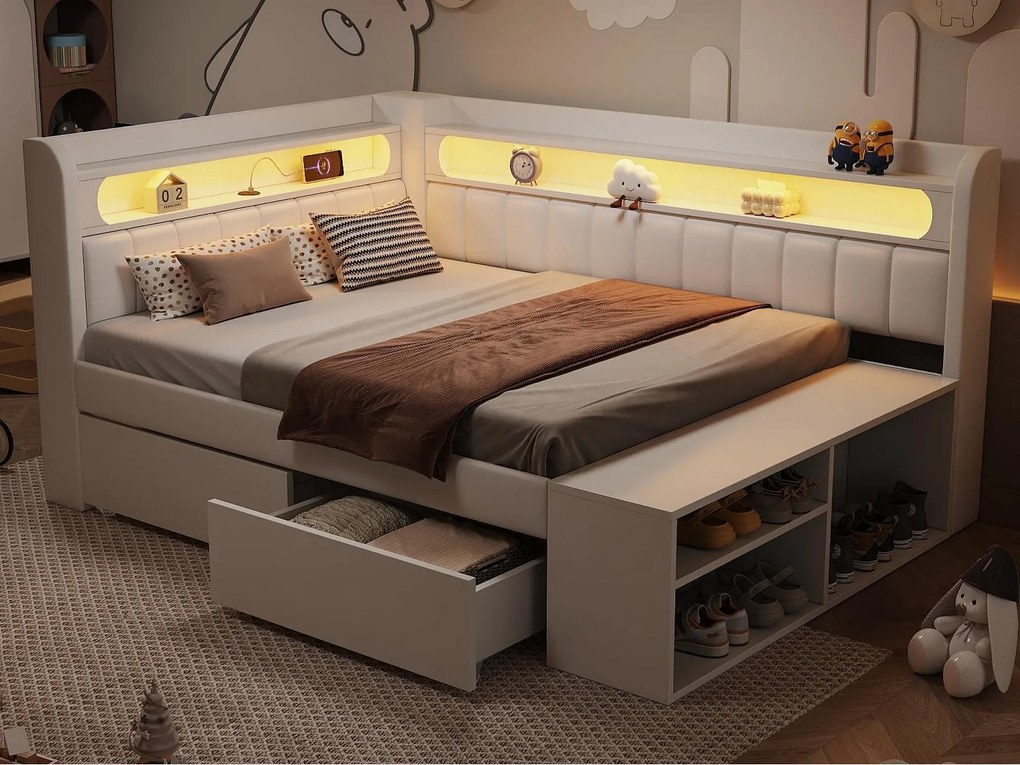 Tapicerowana sofa z łóżkiem 90x200 cm - oświetlenie LED i port USB - 2 szuflady i półka na buty - MDF+Len - Biały​ (bez materaca)